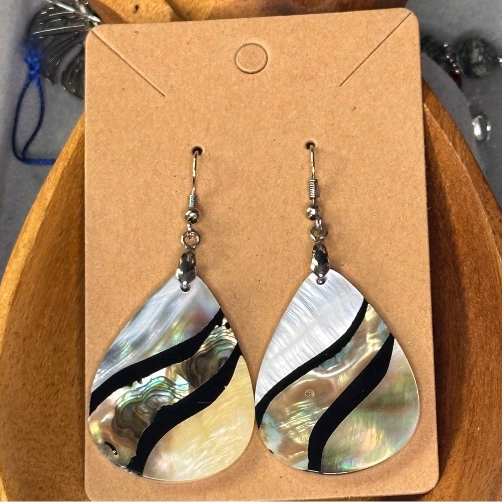 Abalone Shell Teardrop Earrings Mother of Pearl Inlay Striped Boho Dangle Silver